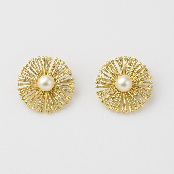 Gold Floral Earrings with Pearl Center - Picture 3 of 3